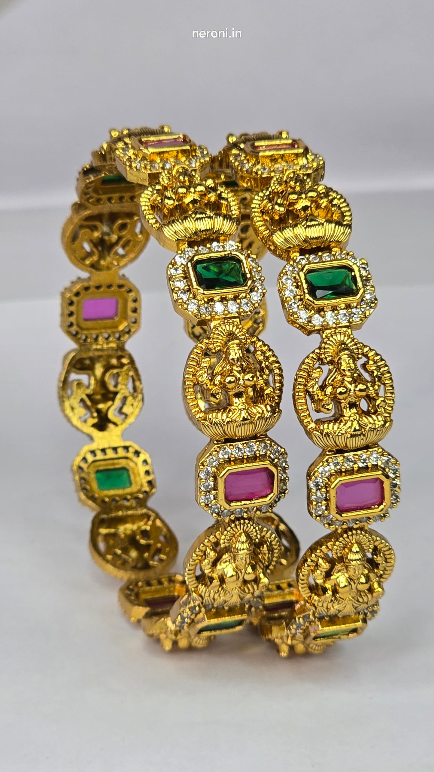Neroni Temple Elegance Bangles – Gold Finish with Green & Ruby Stones