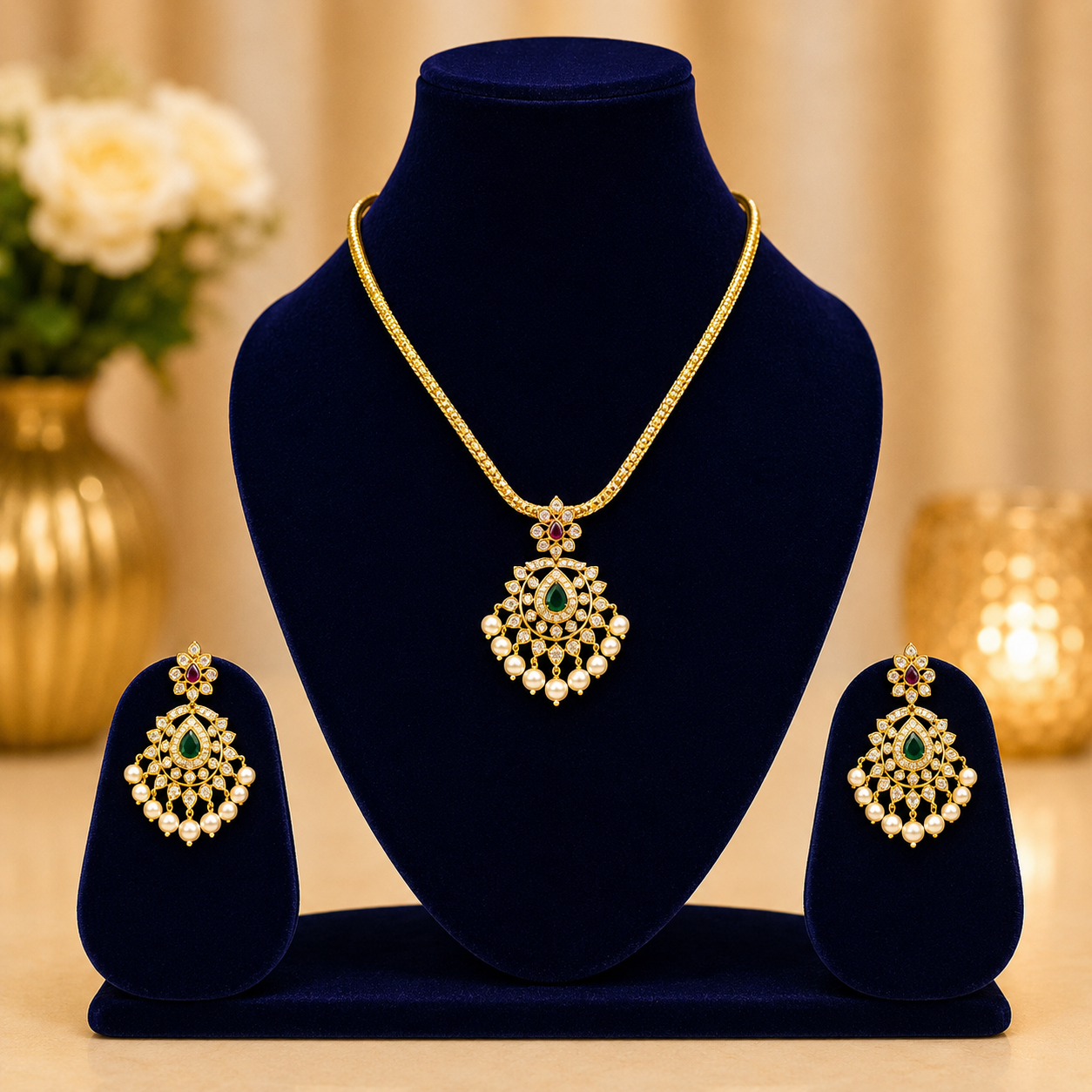 NERONI Emerald Pearl Pendant Necklace Set – Gold Plated Traditional Jewellery
