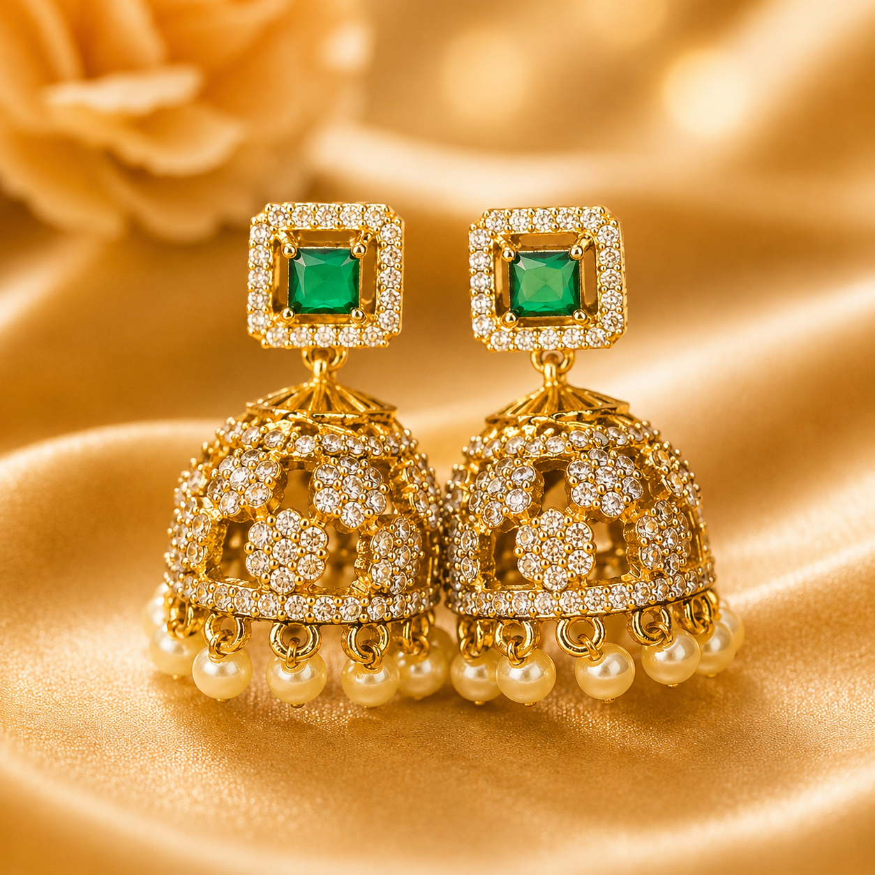 NERONI Emerald CZ Jhumka Earrings – Gold Finish Pearl Drop Earrings