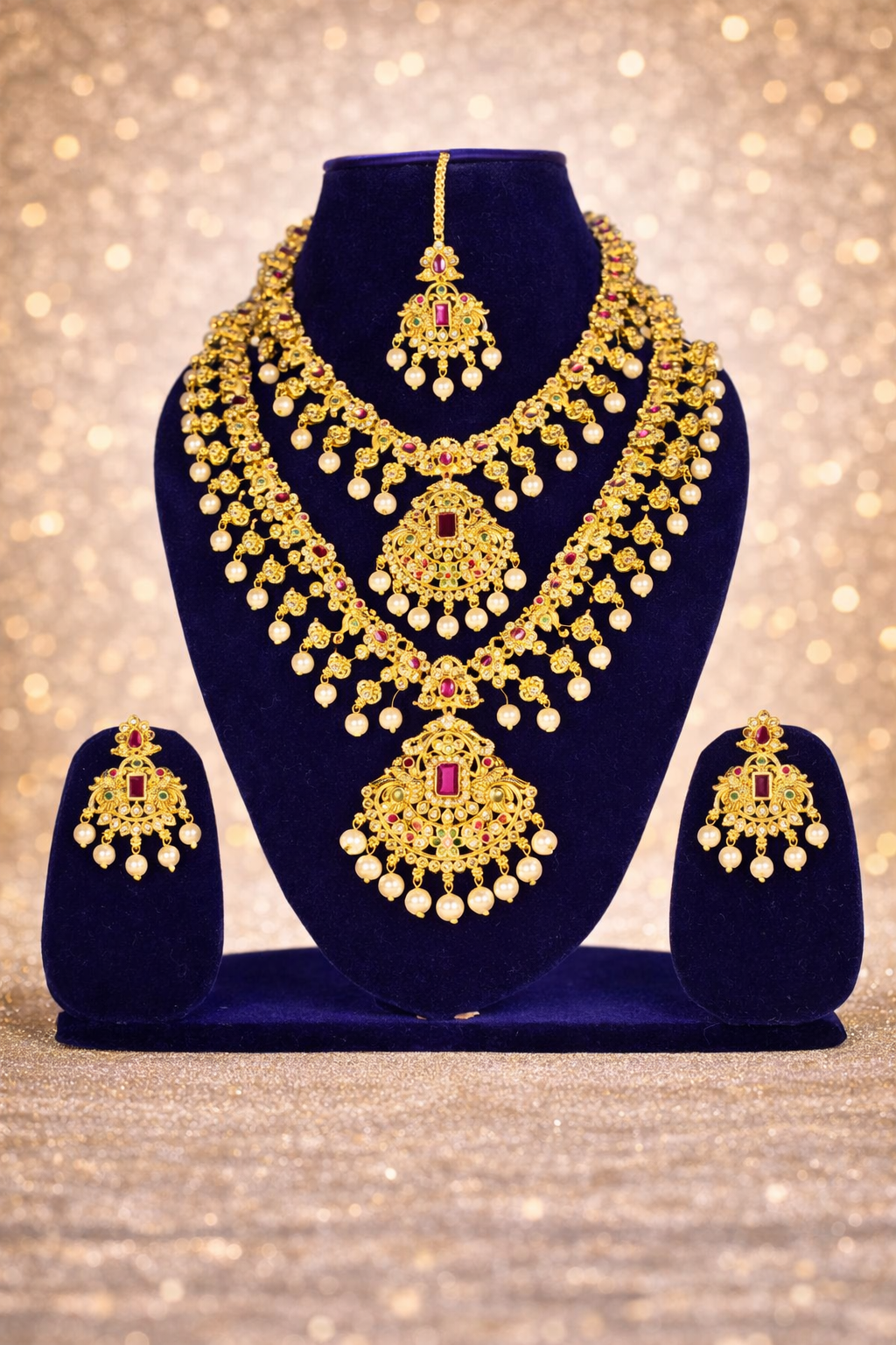 NERONI Royal Temple Double-Layer Combo Set – Gold-Plated Ruby Stone Haram with Earrings & Maang Tikka