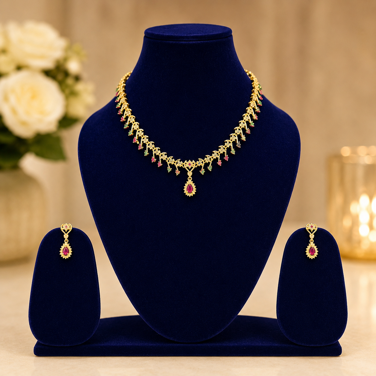 NERONI Delicate Ruby Drop Necklace Set – Minimal Gold Plated Jewellery