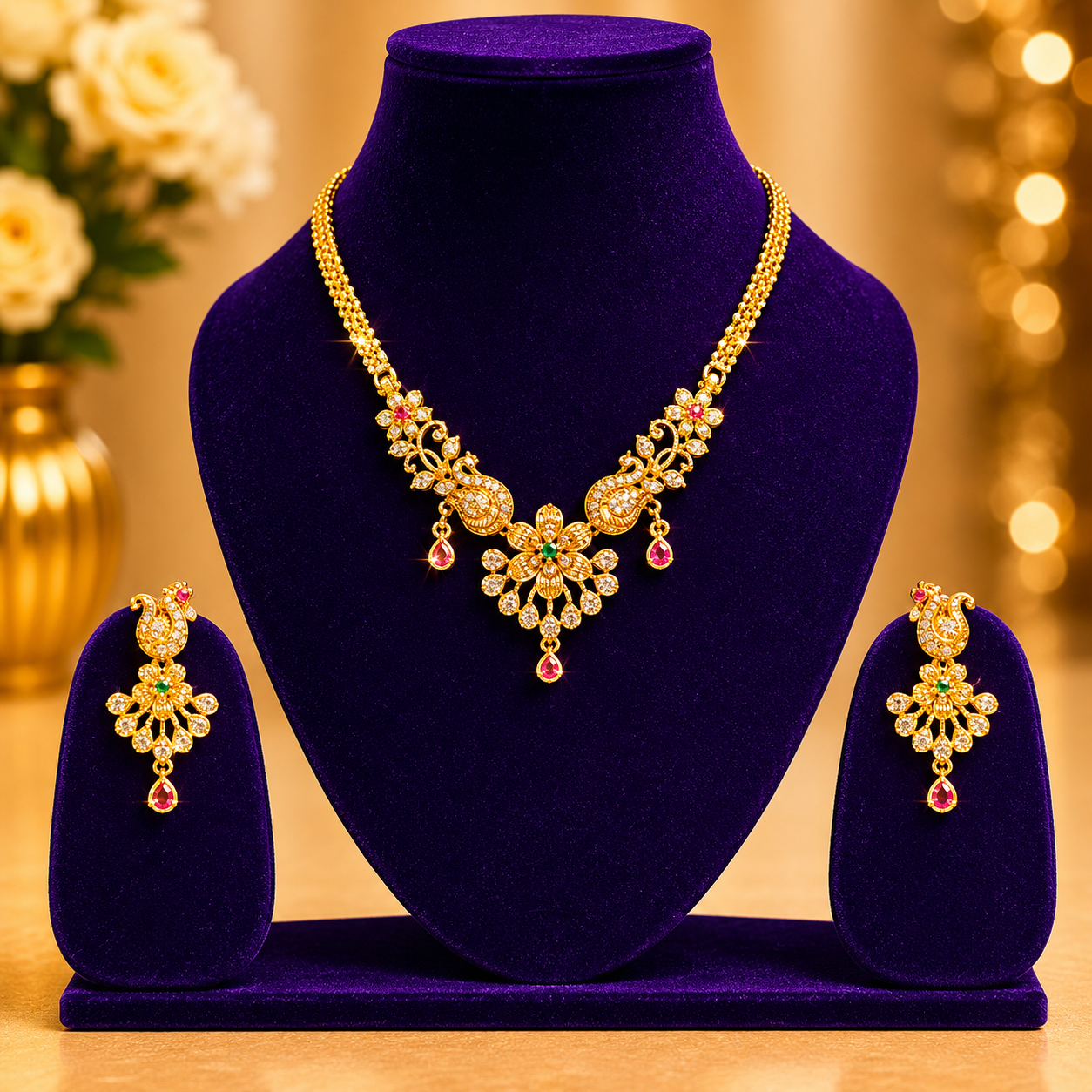 NERONI Peacock Floral Necklace Set – Gold Plated Designer Jewellery