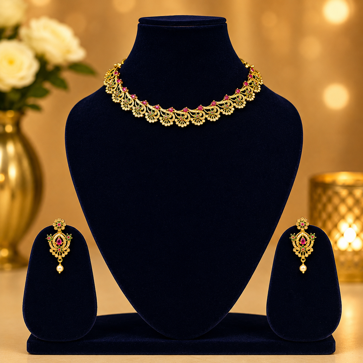 NERONI Traditional Ruby Floral Choker Necklace Set – Antique Gold Finish