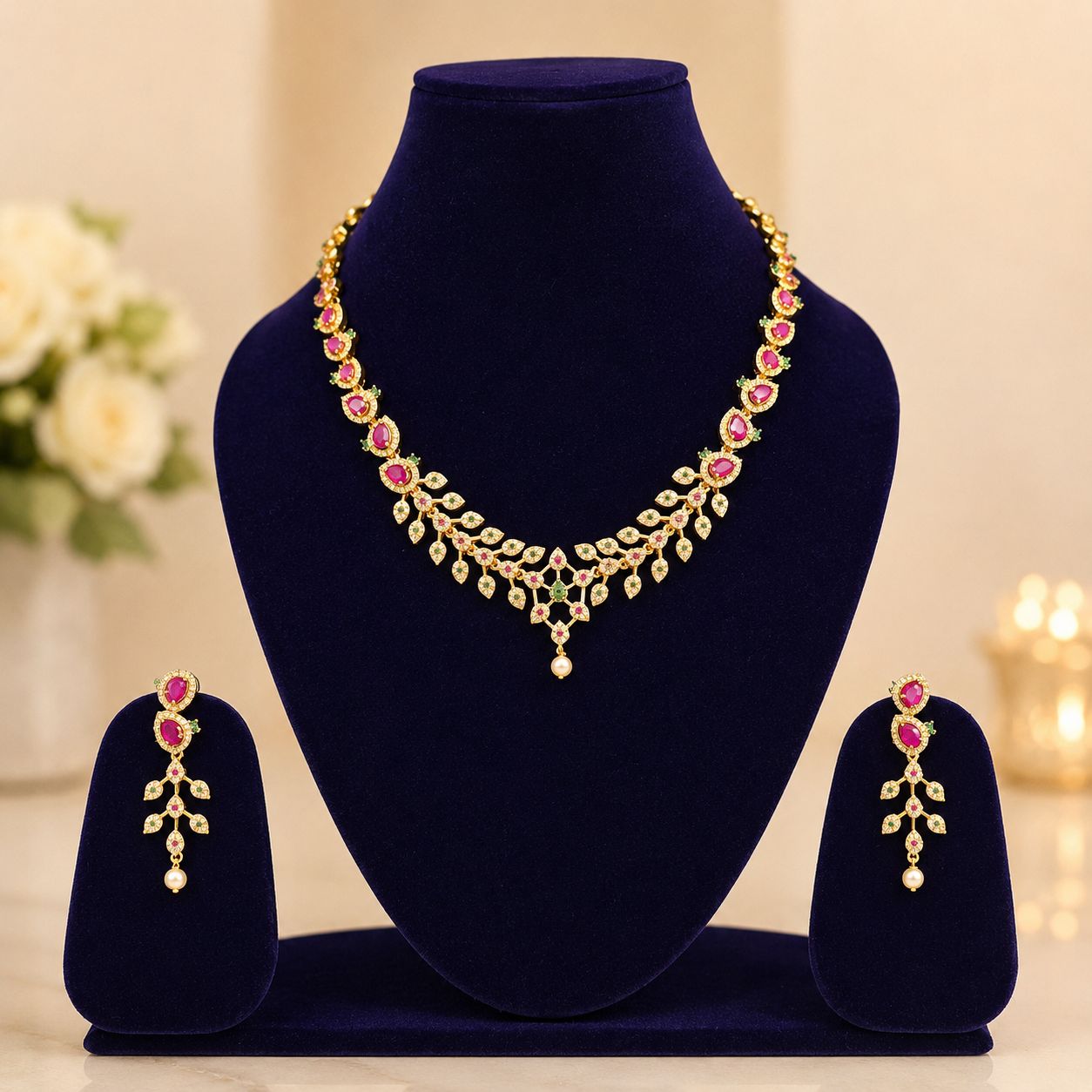 NERONI Ruby Leaf Vine Necklace Set – Gold Plated CZ & Pearl Jewellery
