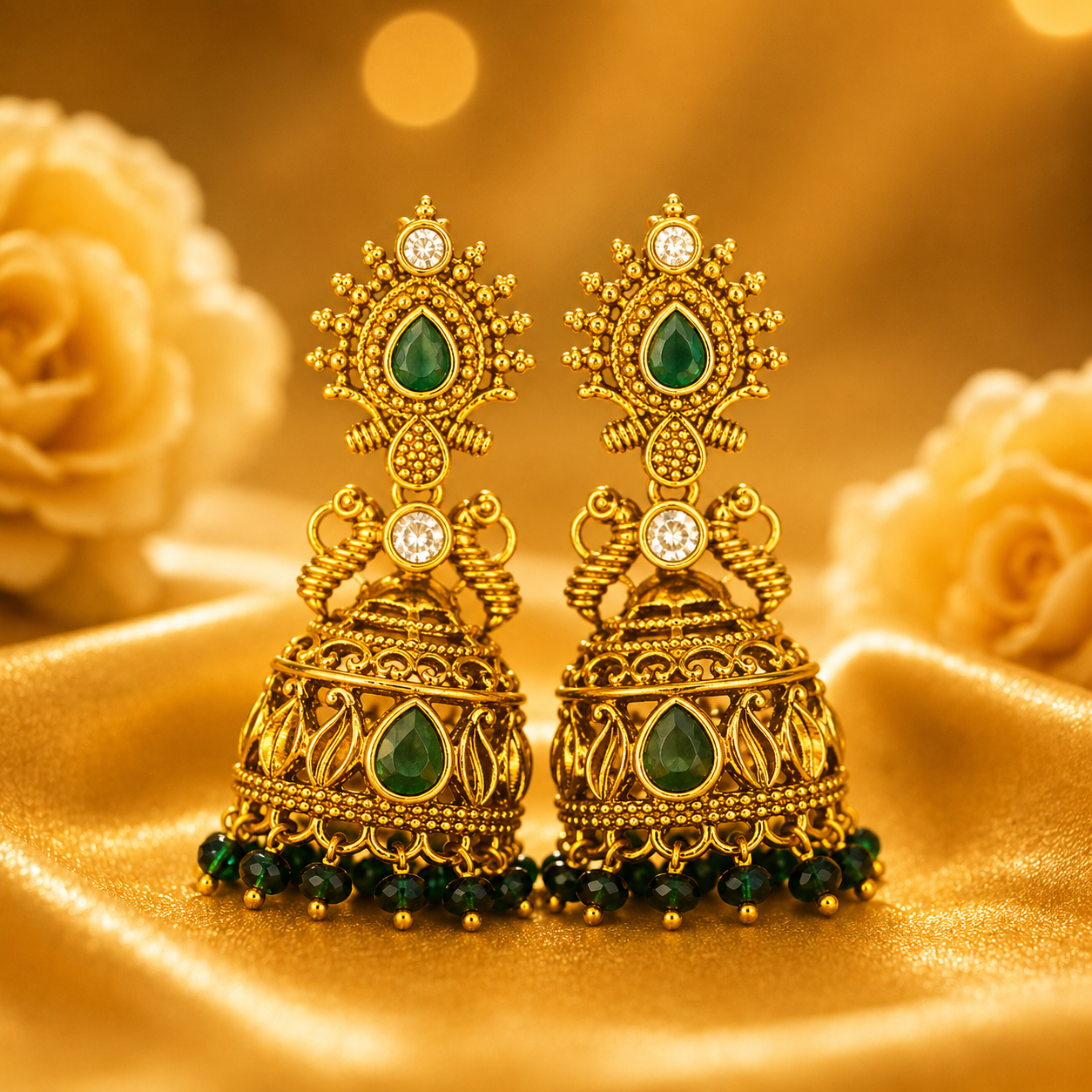 NERONI Antique Emerald Stone Jhumka Earrings with Green Bead Drops