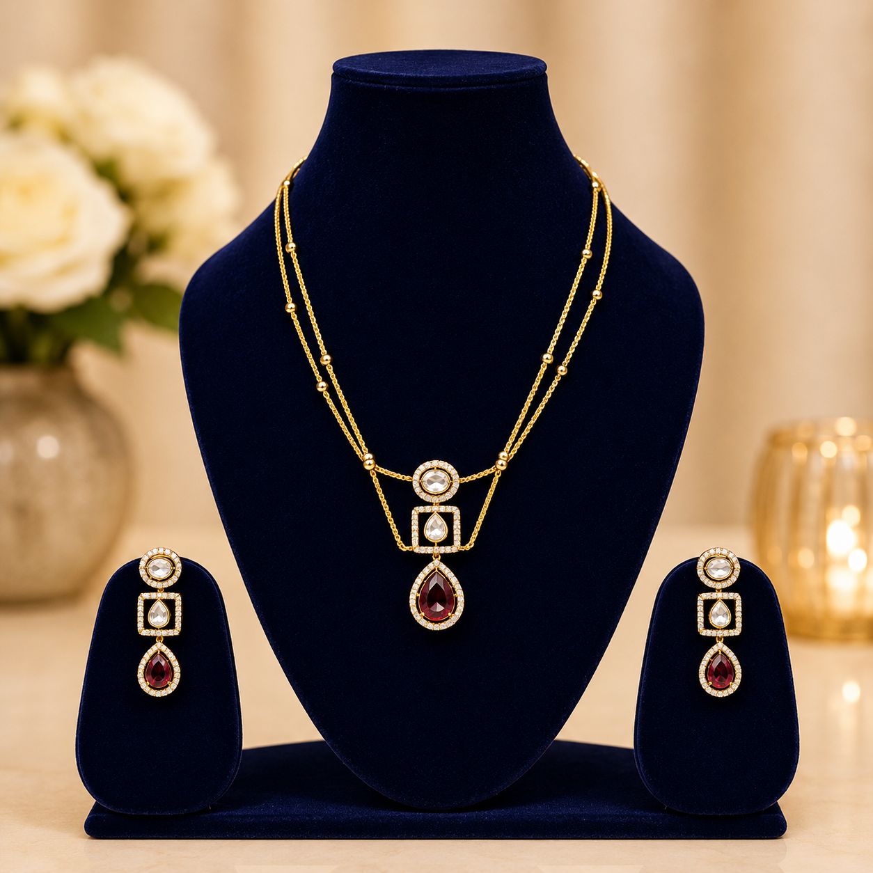 NERONI Dual Layer Ruby Pendant Necklace Set – Contemporary Gold Plated Jewellery