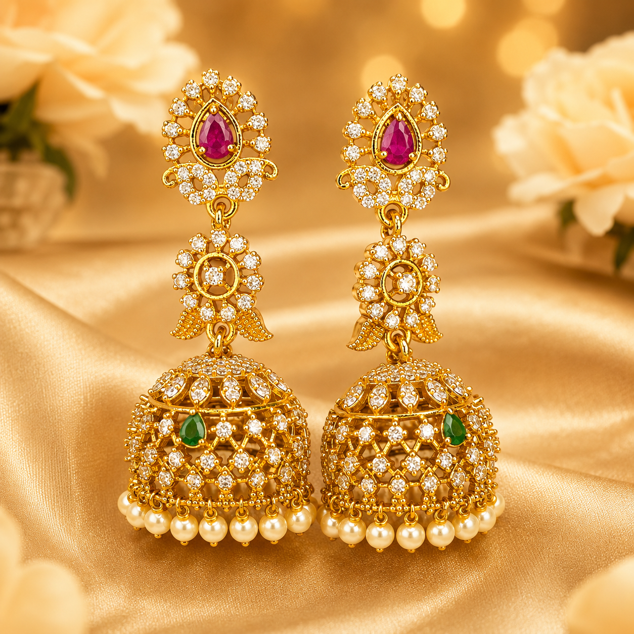 NERONI Floral Pearl Jhumka Earrings – Gold Finish Ruby & Emerald Designer Jhumkas