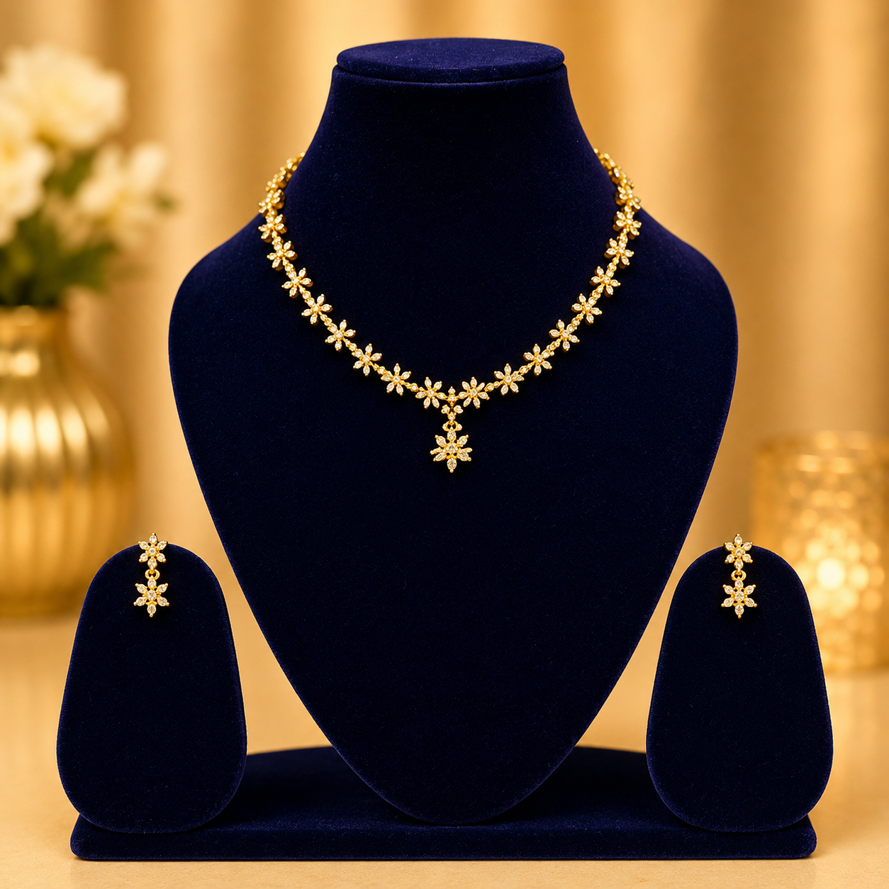 NERONI Crystal Floral Necklace Set – Minimal Gold Plated Jewellery