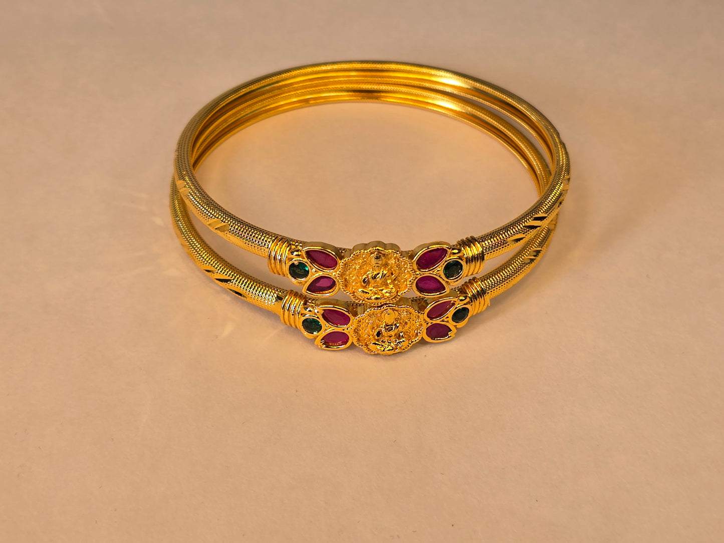 NERONI Gold-Plated Lakshmi Motif Ruby & Emerald Bangles – Temple Collection
