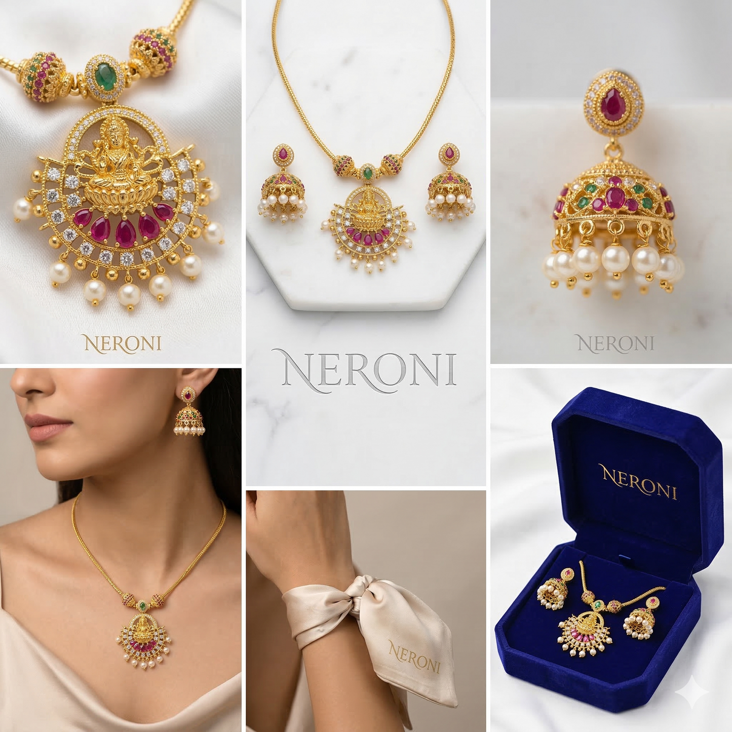 NERONI Lakshmi Temple Pendant Necklace Set – Gold Plated Traditional Ruby Pearl Jewellery