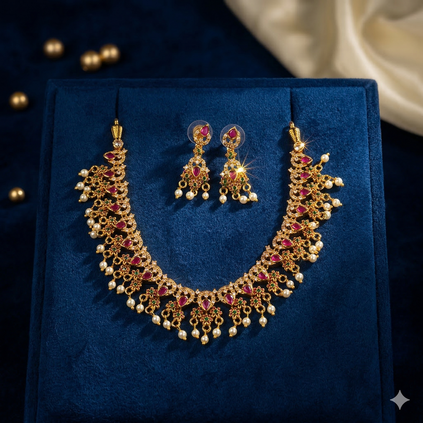 NERONI Ruby Pearl Choker Necklace Set – Gold-Plated Traditional CZ Choker with Earrings