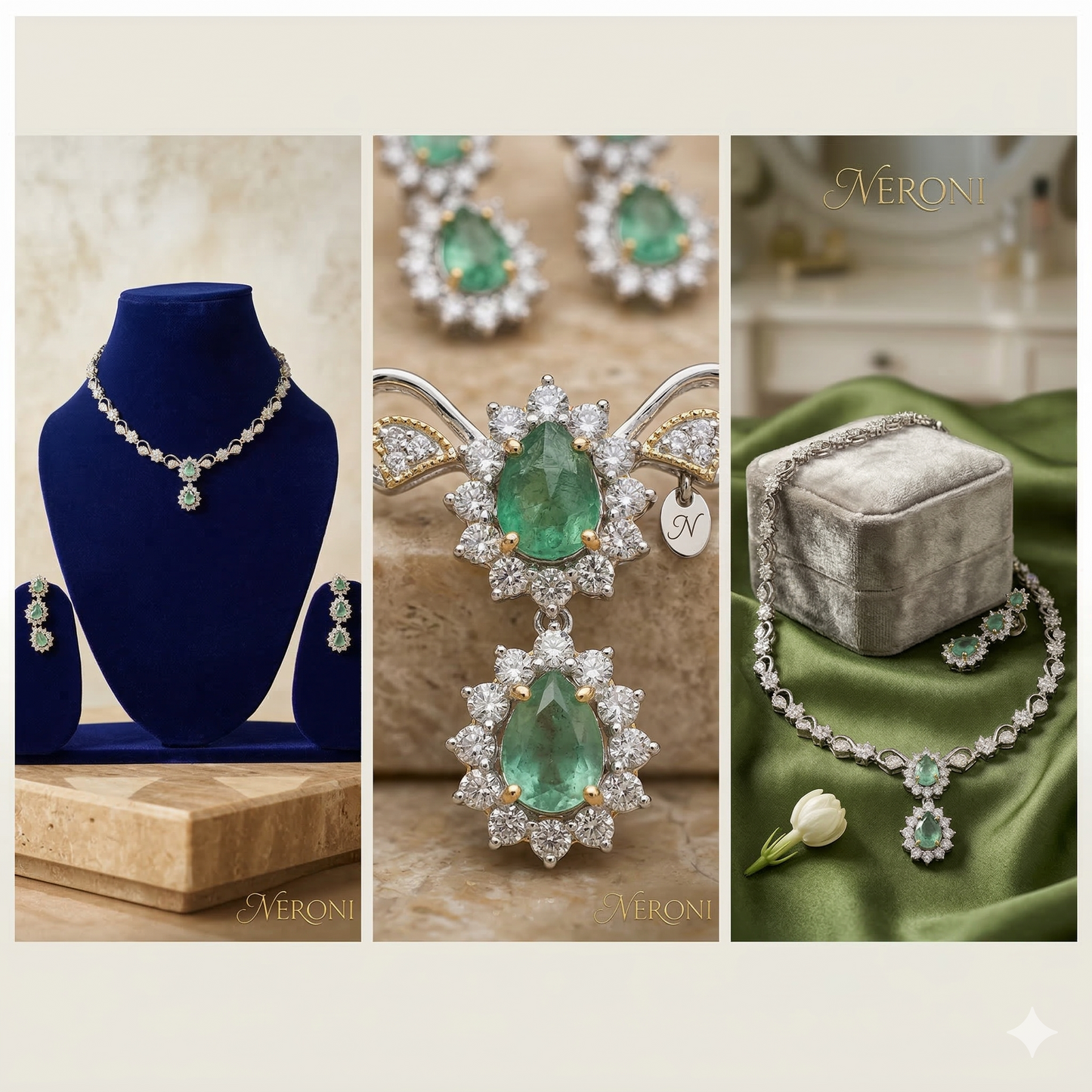 NERONI Emerald Teardrop CZ Necklace Set – Silver-Plated Crystal Necklace with Long Earrings