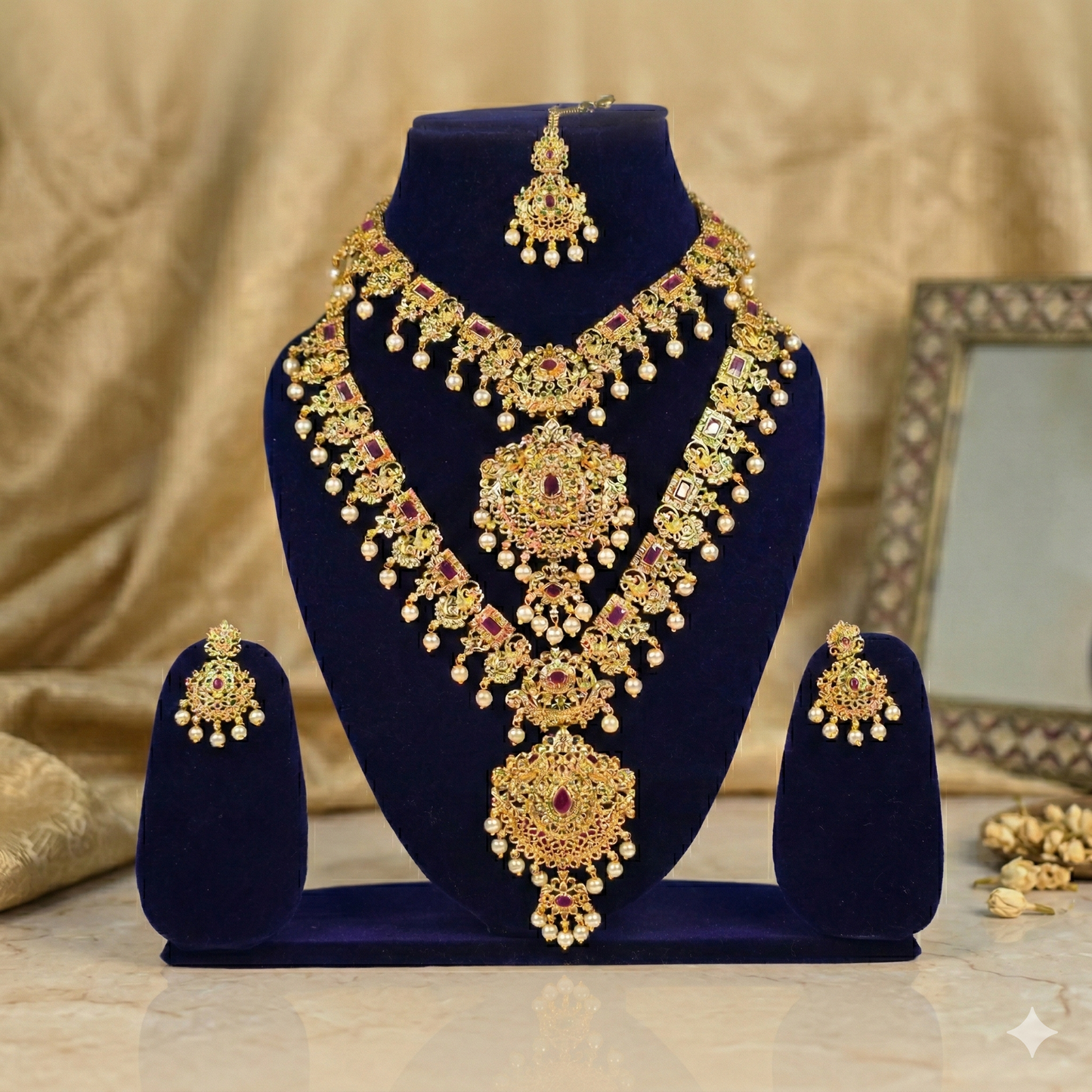 NERONI Grand Triple-Layer Temple Combo Set – Gold-Plated Ruby Stone Haram with Earrings & Maang Tikka