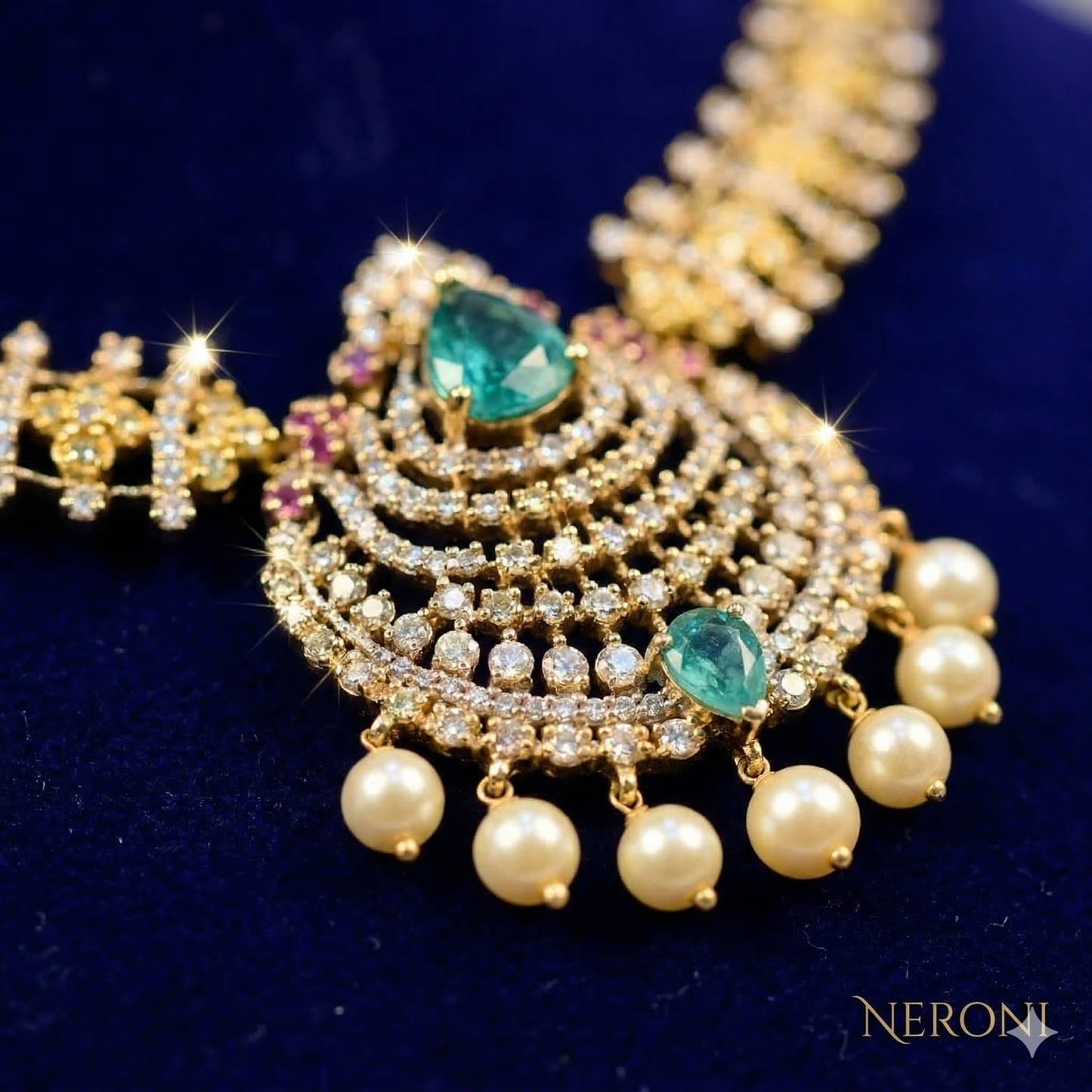 NERONI Emerald Chandbali Pendant Necklace Set – Gold-Plated CZ Necklace with Earrings