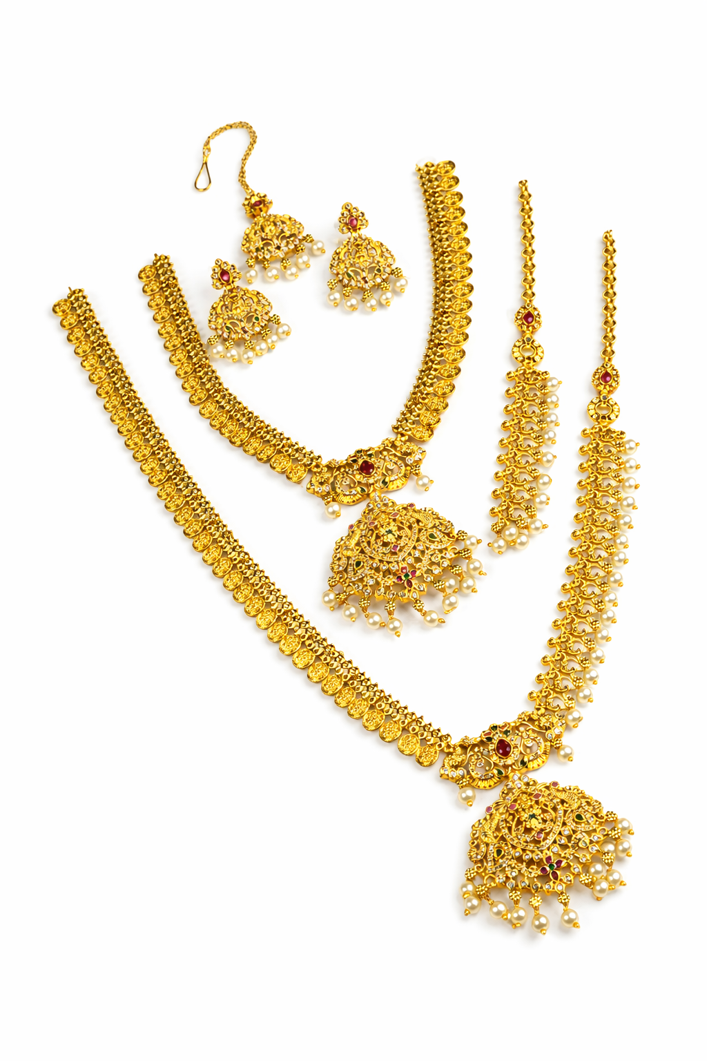 NERONI Royal Double-Layer Temple Combo Set – Gold-Plated Haram with Earrings & Maang Tikka