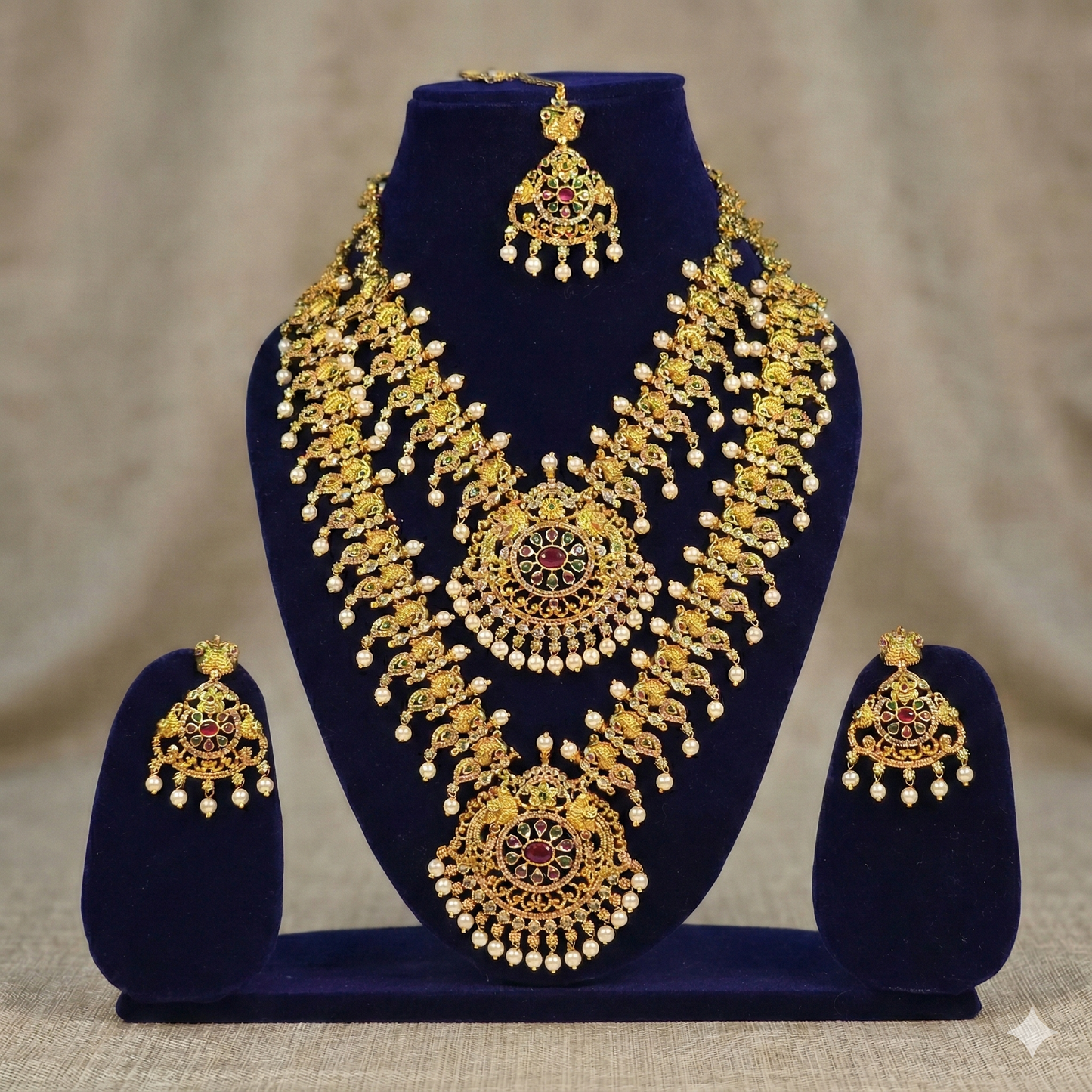 NERONI Royal Peacock Temple Double-Layer Combo Set – Gold-Plated Haram with Earrings & Maang Tikka