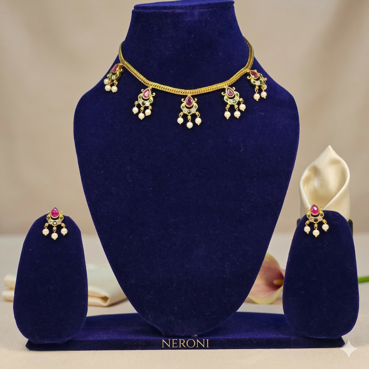NERONI Ruby Drop Pearl Necklace Set – Gold-Plated Traditional Pendant Necklace with Earrings