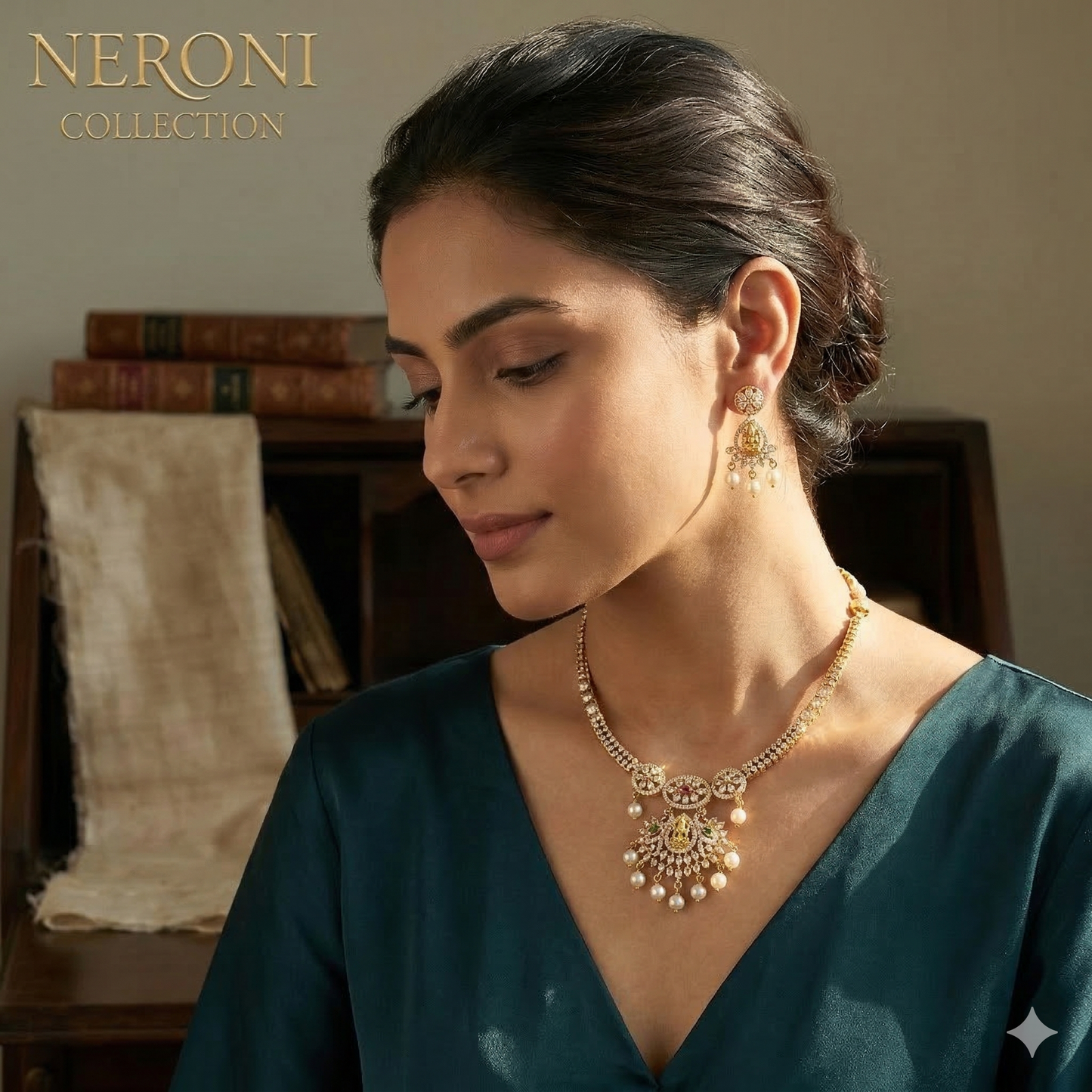 NERONI Temple Lakshmi Pendant Necklace Set – Gold-Plated CZ Necklace with Pearl Drops