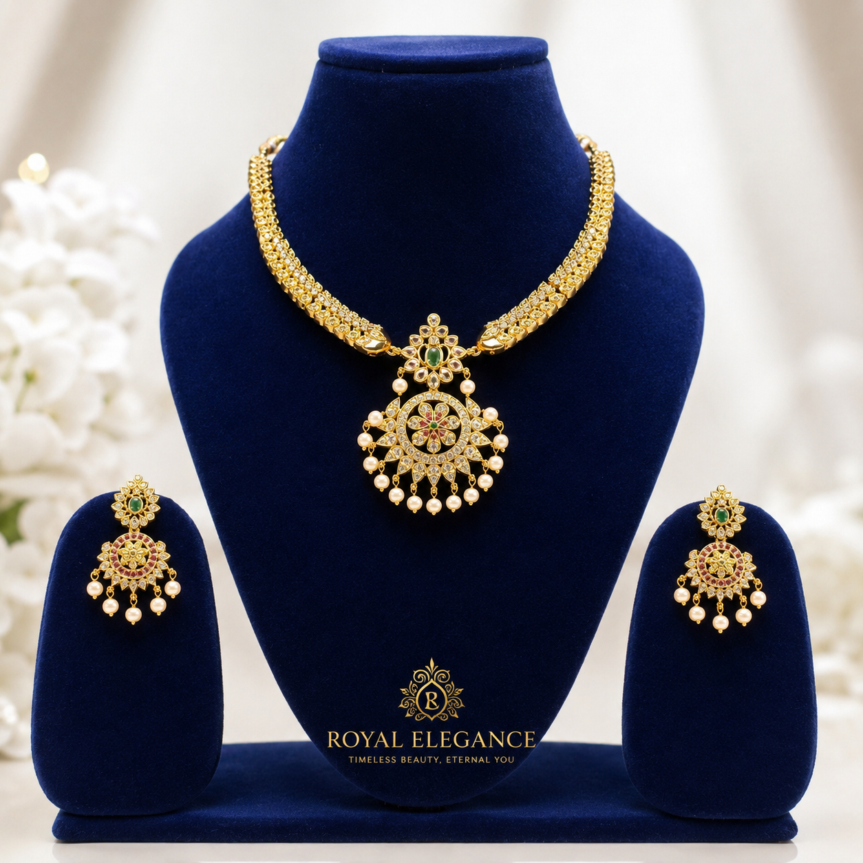 NERONI Royal Chandbali Pendant Necklace Set – Antique Gold Plated Pearl Jewellery