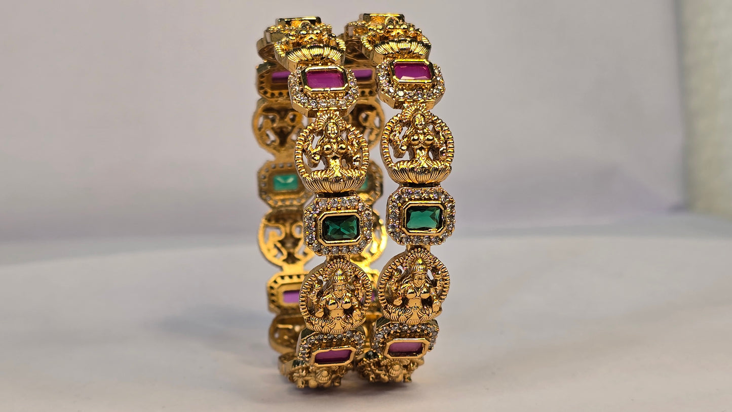 Neroni Temple Elegance Bangles – Gold Finish with Green & Ruby Stones