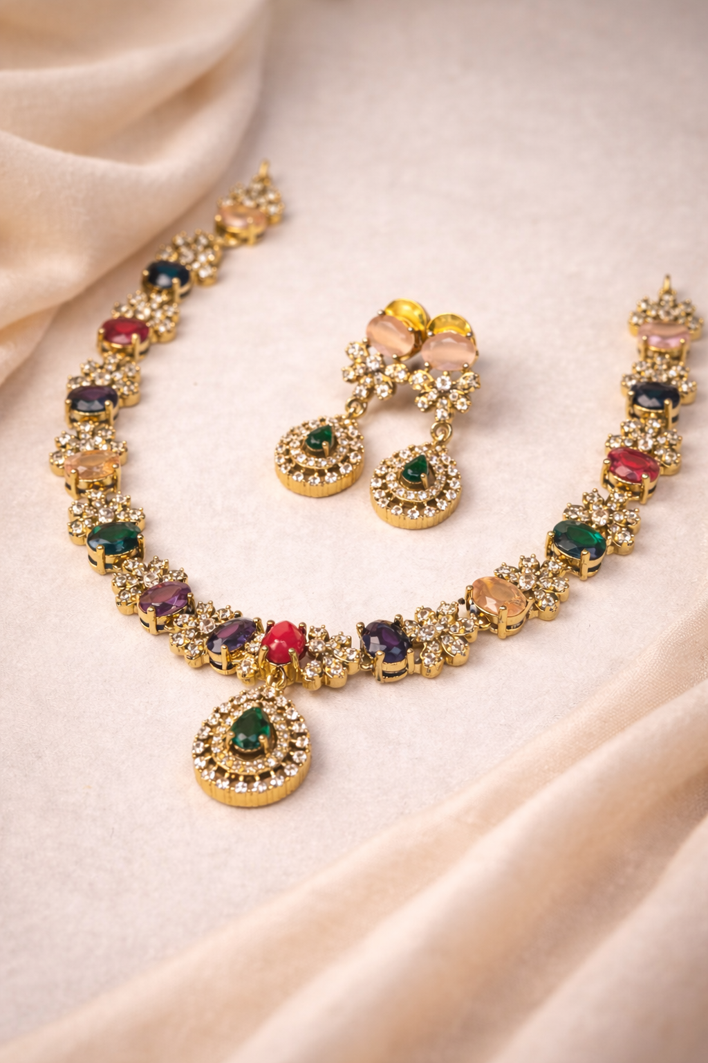 Neroni Multicolour CZ Choker Necklace Set with Earrings