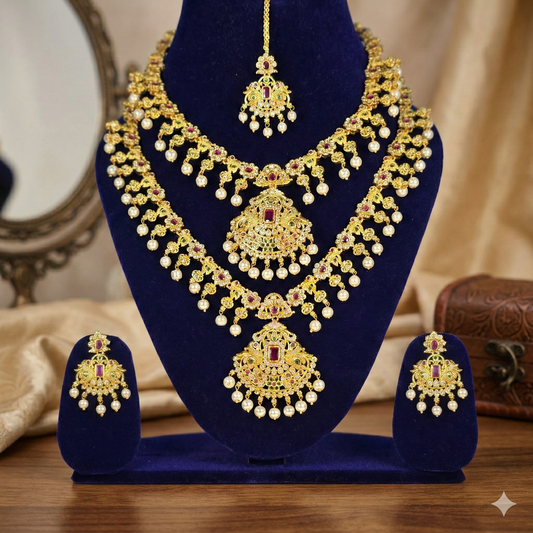 NERONI Royal Temple Double-Layer Combo Set – Gold-Plated Ruby Stone Haram with Earrings & Maang Tikka