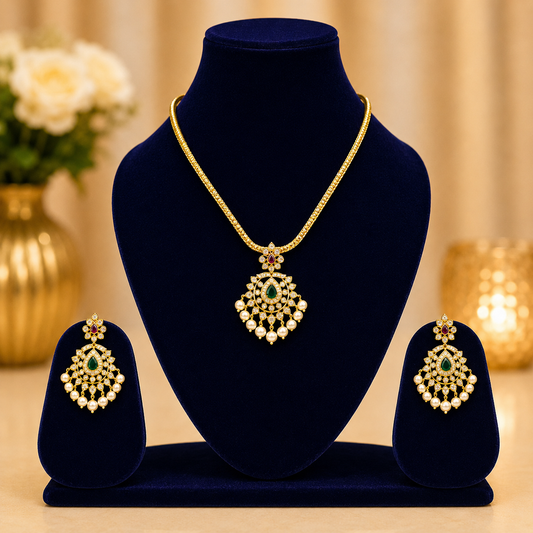 NERONI Emerald Pearl Pendant Necklace Set – Gold Plated Traditional Jewellery