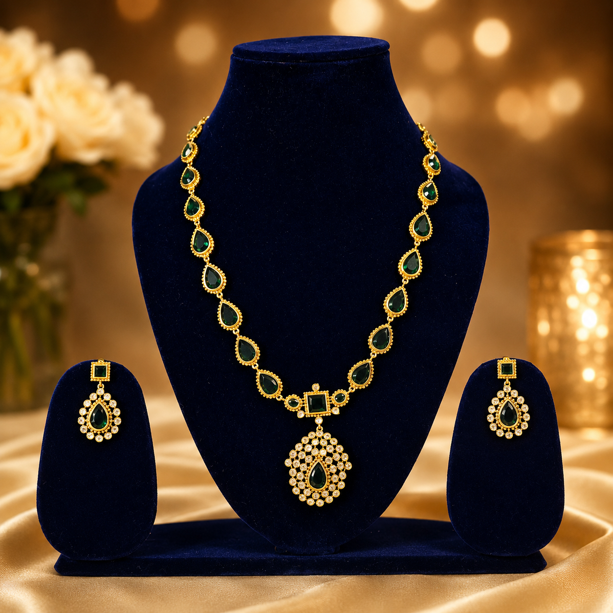 NERONI Emerald Drop Pendant Necklace Set – Gold Finish Green Stone Jewellery