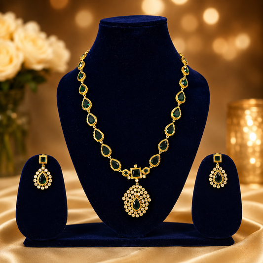 NERONI Emerald Drop Pendant Necklace Set – Gold Finish Green Stone Jewellery