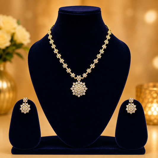 NERONI Floral Crystal Pendant Necklace Set – Gold Plated Elegant Jewellery