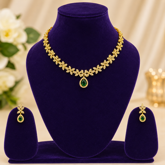 Neroni Royal Floral CZ Choker Necklace Set with Green Stone