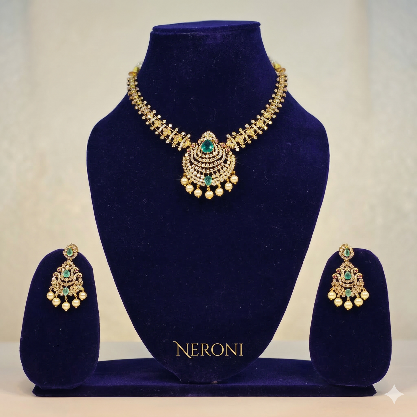 NERONI Emerald Chandbali Pendant Necklace Set – Gold-Plated CZ Necklace with Earrings
