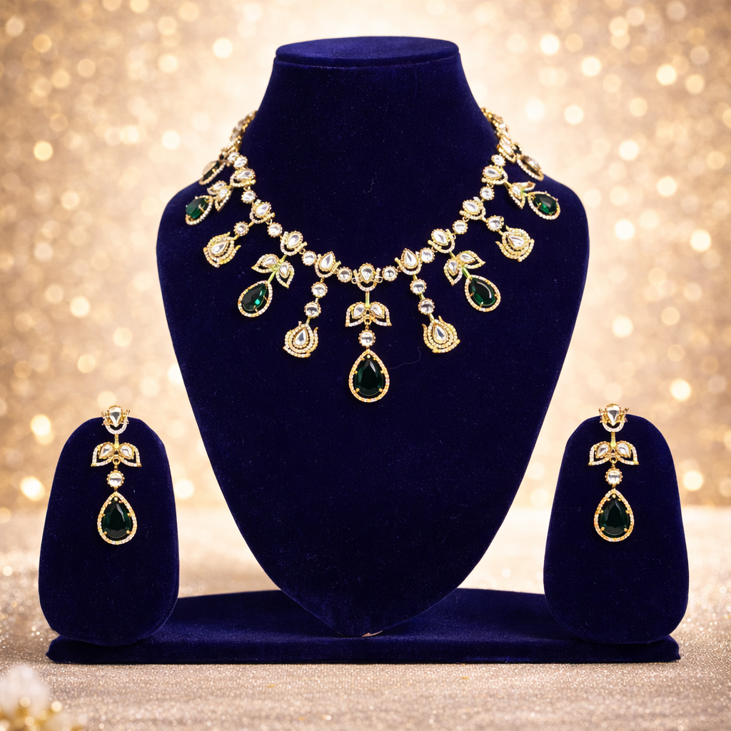 NERONI Emerald Drop CZ Necklace Set – Gold-Plated Crystal Necklace with Earrings