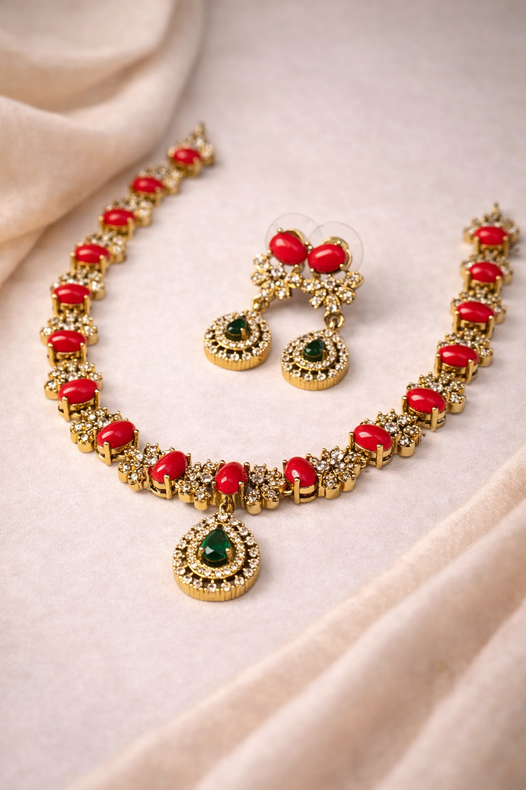 Neroni Coral Red Stone Choker Necklace Set with Earrings
