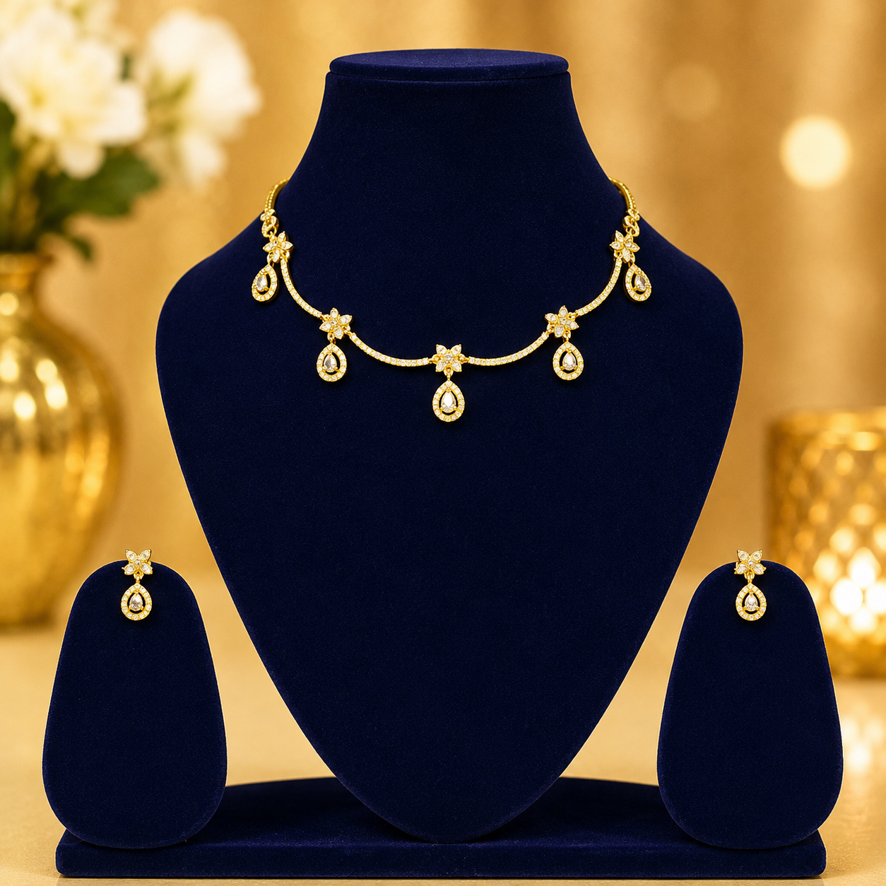 NERONI Crystal Drop Choker Necklace Set – Gold Plated Elegant Jewellery
