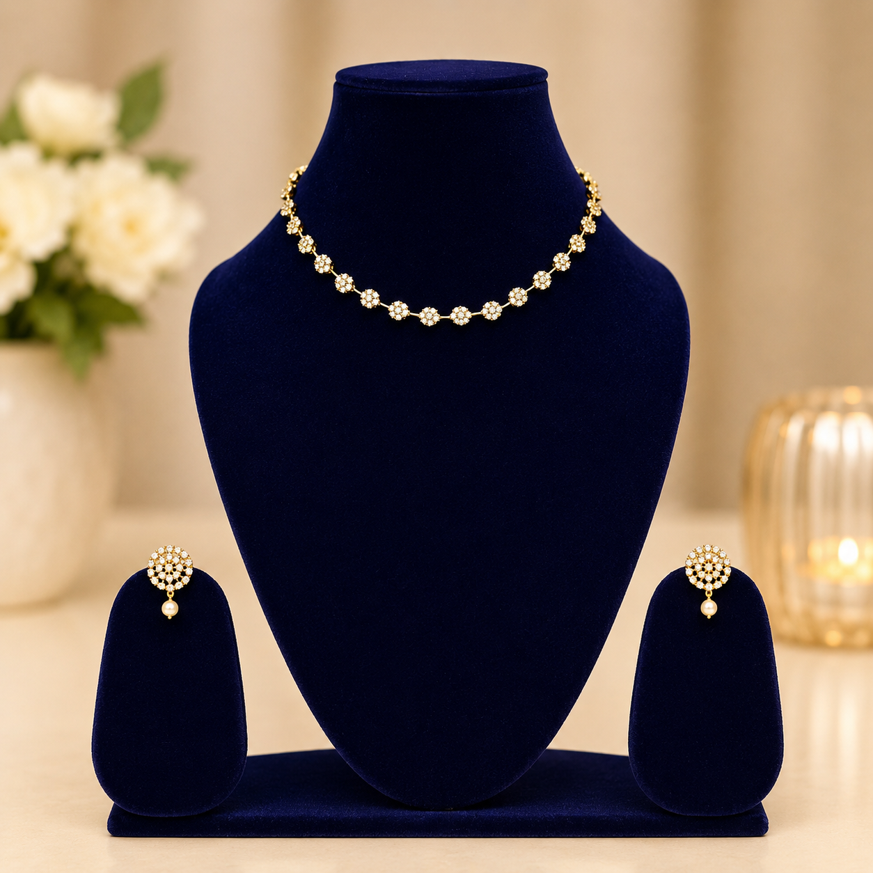 NERONI Elegant Floral CZ Necklace Set – Minimal Gold Plated Jewellery