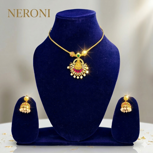 NERONI Lakshmi Temple Pendant Necklace Set – Gold Plated Traditional Ruby Pearl Jewellery