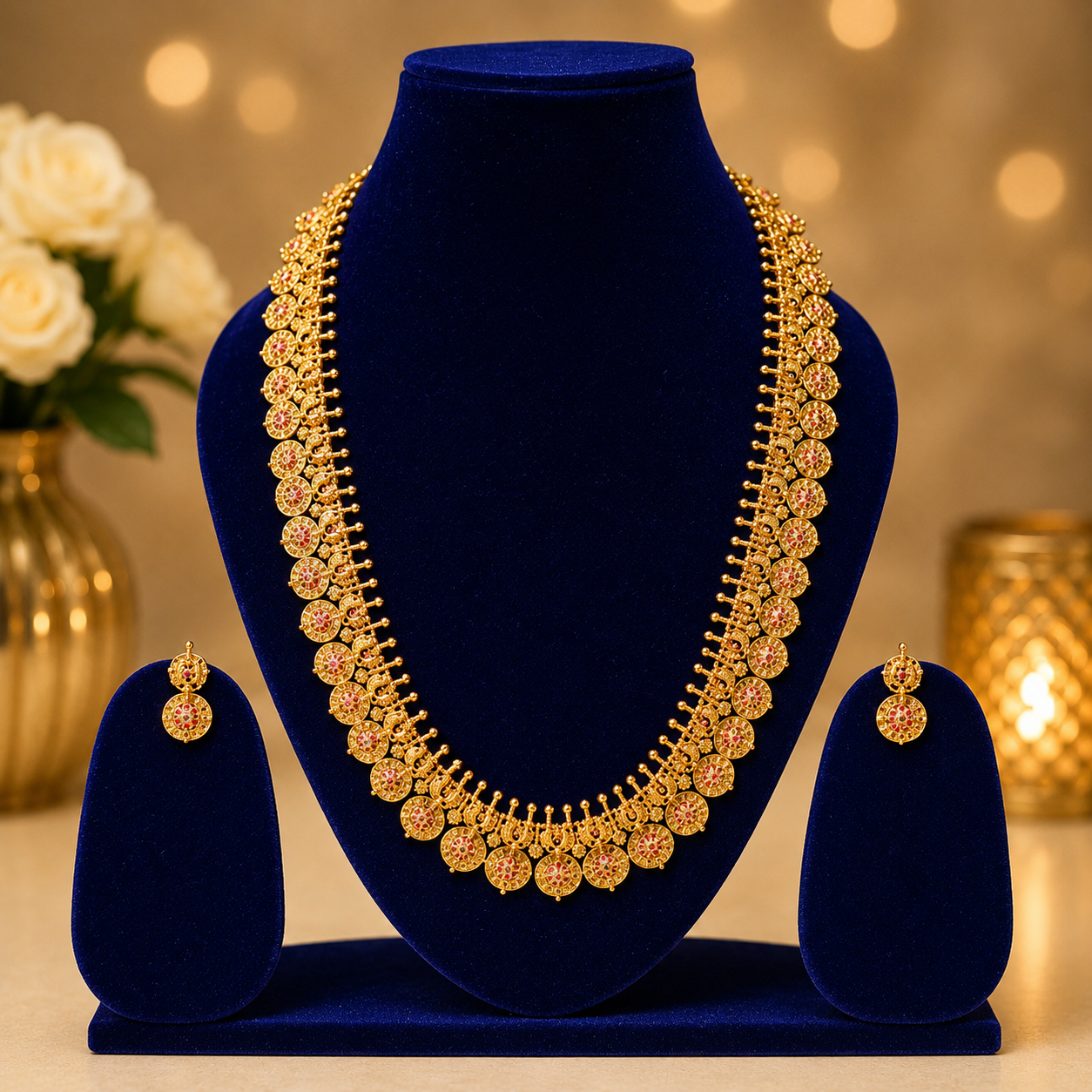 NERONI Traditional Coin Haram Necklace Set – Antique Gold Bridal Jewellery