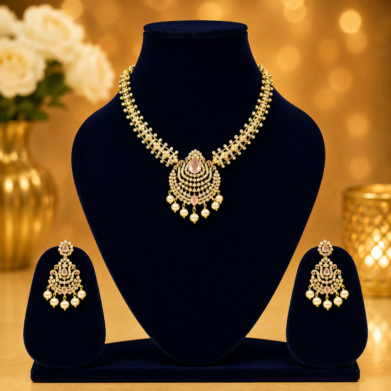 NERONI Royal Blush Crystal Chandbali Necklace Set – Pearl Drop Party Wear Jewellery