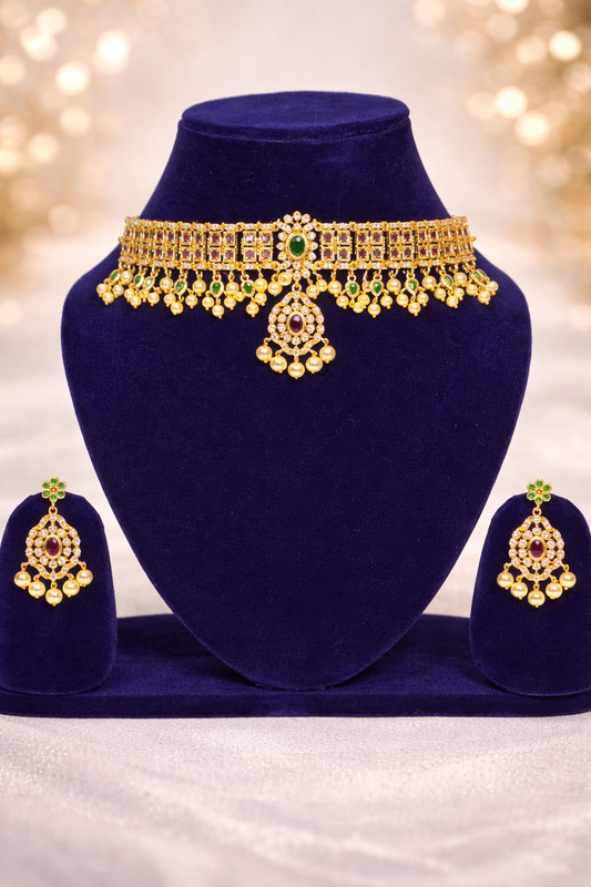 NERONI Gold-Plated Ruby & Emerald CZ Pearl Choker Necklace Set – Royal Bridal Design