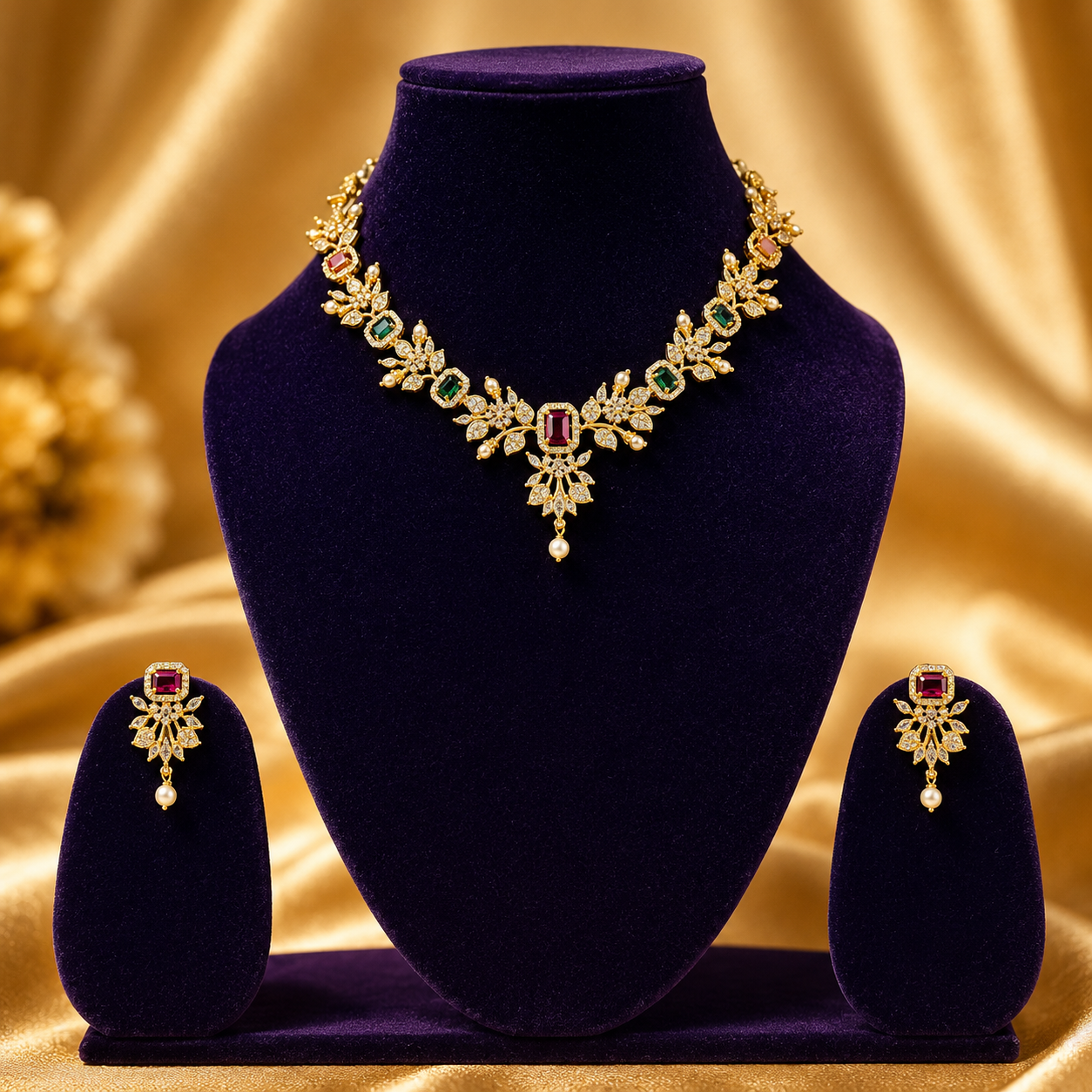 NERONI Floral Crystal Necklace Set – Elegant Ruby Stone Jewellery