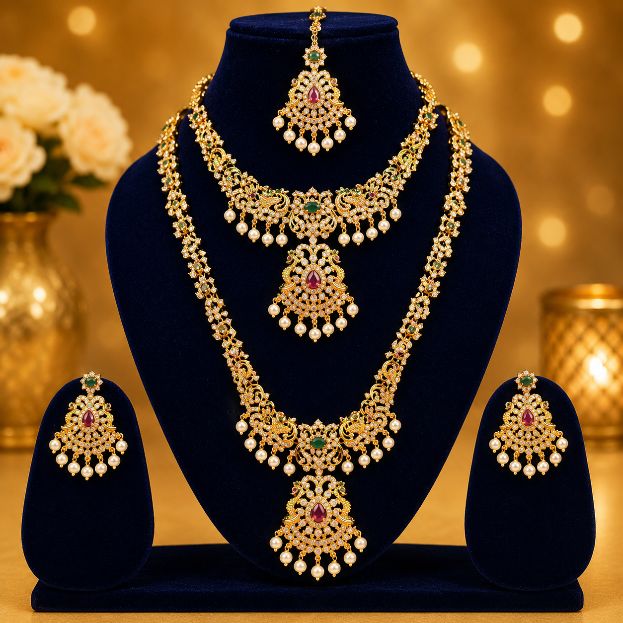 NERONI Royal Dual Layer Bridal Necklace Combo Set – Ruby Green Temple Jewellery with Pearls