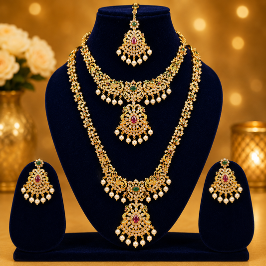 NERONI Royal Dual Layer Bridal Necklace Combo Set – Ruby Green Temple Jewellery with Pearls