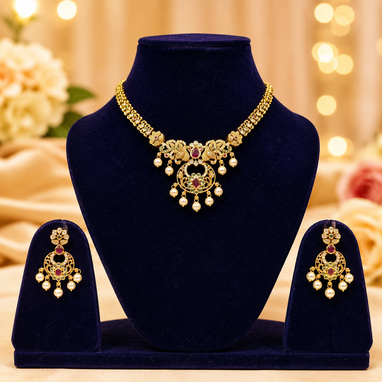 NERONI Antique Peacock Pendant Necklace Set – Gold Plated Ruby Emerald Pearl Jewellery