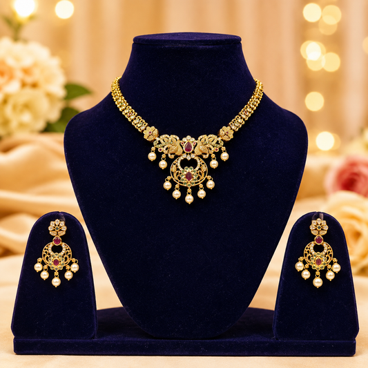 NERONI Antique Peacock Pendant Necklace Set – Gold Plated Ruby Emerald Pearl Jewellery