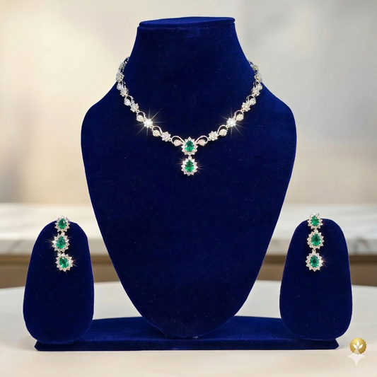 NERONI Emerald Teardrop CZ Necklace Set – Silver-Plated Crystal Necklace with Long Earrings