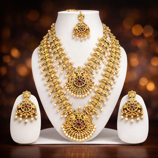 NERONI Royal Peacock Temple Double-Layer Combo Set – Gold-Plated Haram with Earrings & Maang Tikka