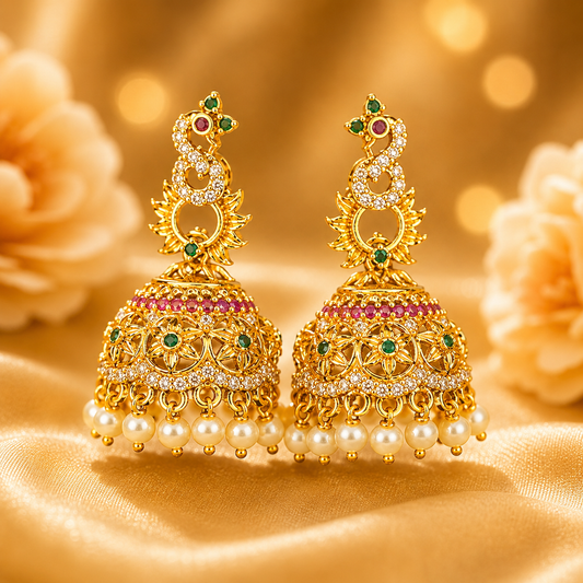 NERONI Peacock Designer Jhumka Earrings – Gold Finish Pearl Drop Earrings
