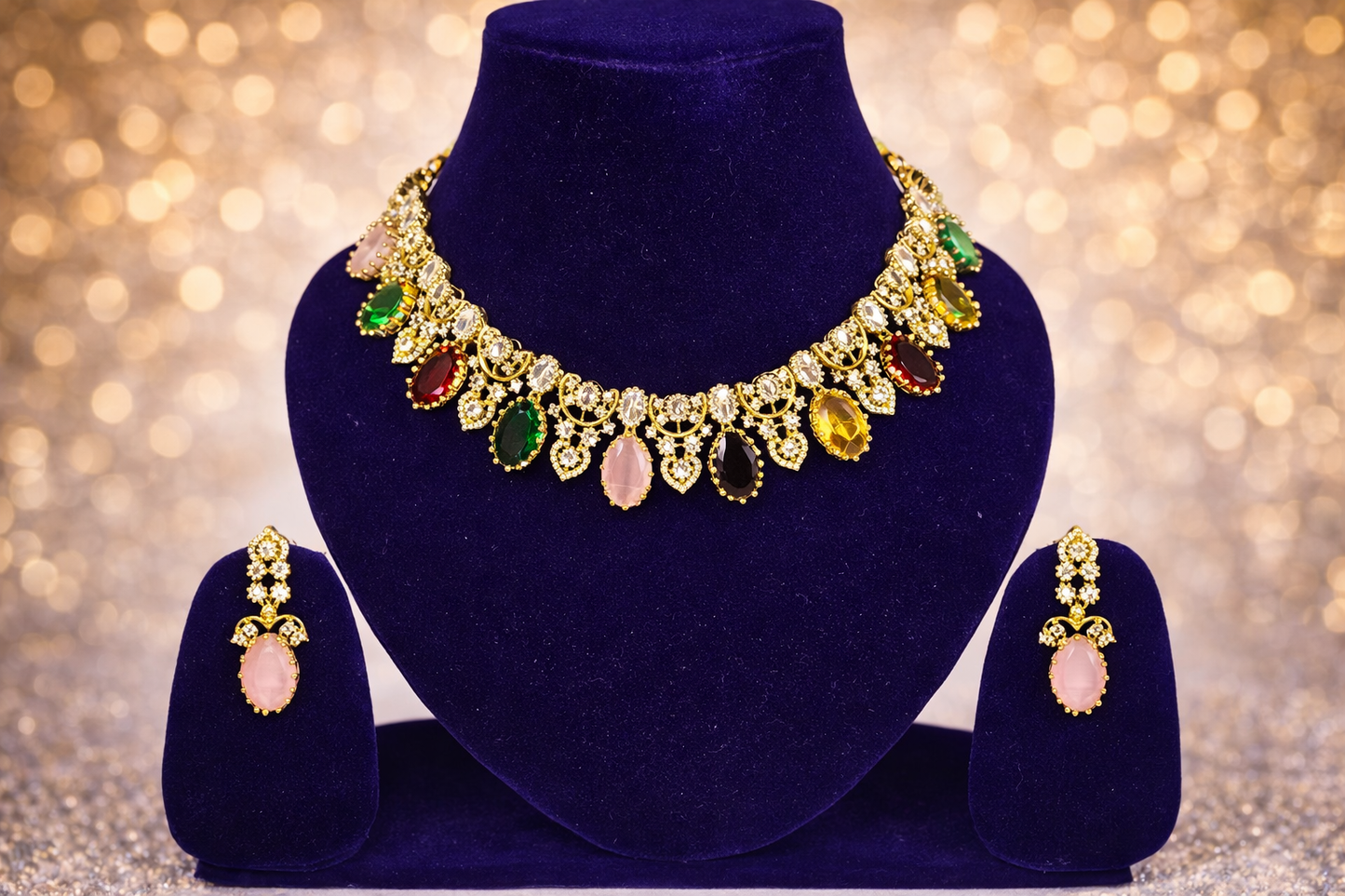 NERONI Gold-Plated Multicolor CZ Designer Choker Necklace Set – Luxury Statement Jewellery