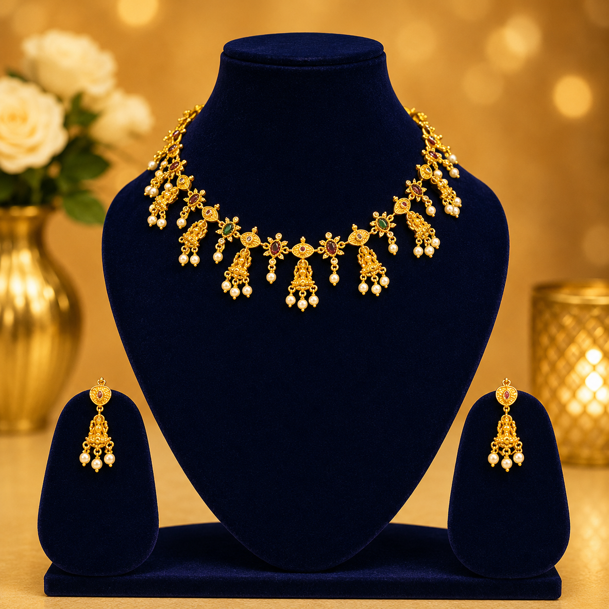 NERONI Lakshmi Pearl Drop Temple Choker Set – Antique Gold Traditional Jewellery